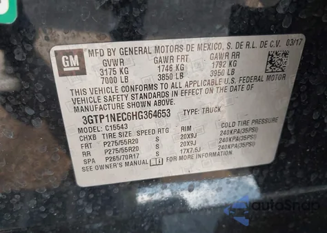 2017 GMC Sierra 1500 Slt из США, поврежденный, VIN 3GTP1NEC6HG364653